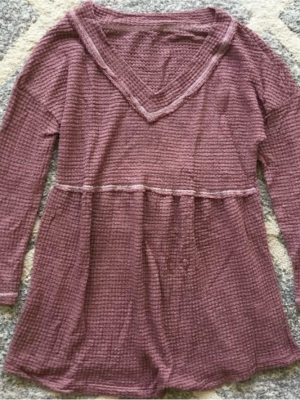 New Long Sleeve Flowing Waffle V-Neck Tunic Top, Size Small